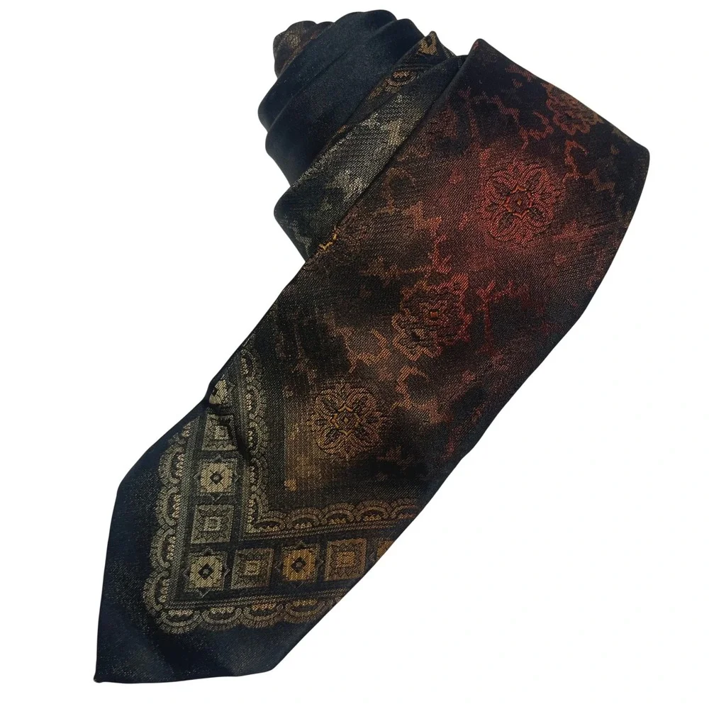 Vintage Italian Silk Medallion Necktie Tie Brown Black Ornate Geometric 70s MCM